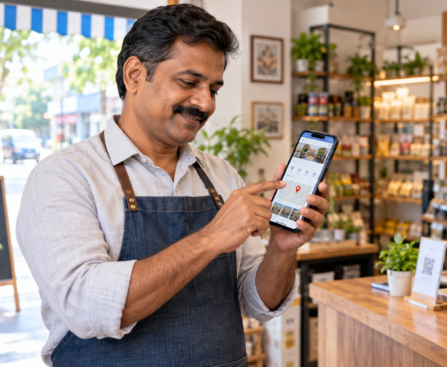 Indian small-business owner improving a Google Business Profile on a smartphone