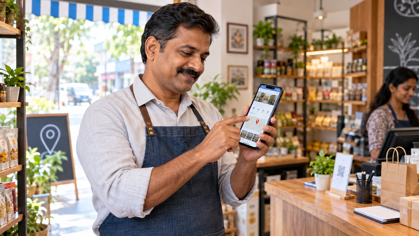 Indian small-business owner improving a Google Business Profile on a smartphone