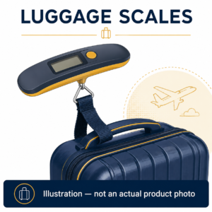 GoTrippin luggage scale editorial illustration with a suitcase; not an actual product photograph.
