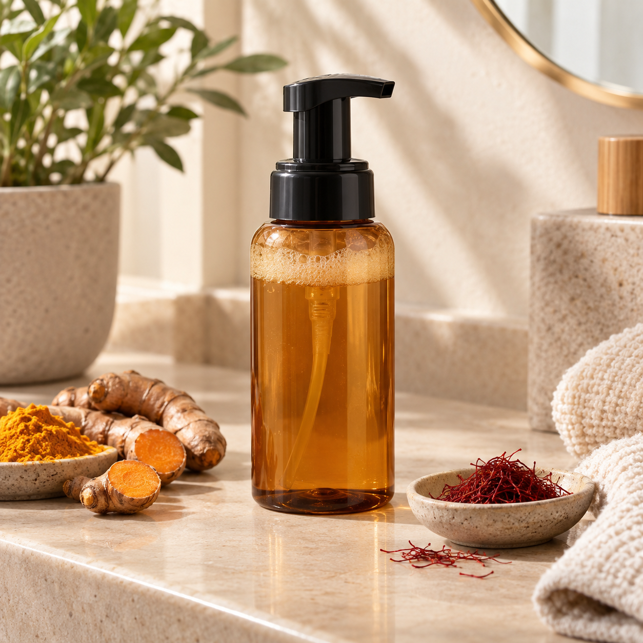 Editorial illustration of a generic foaming face-wash bottle with turmeric and saffron; not the exact Mamaearth pack