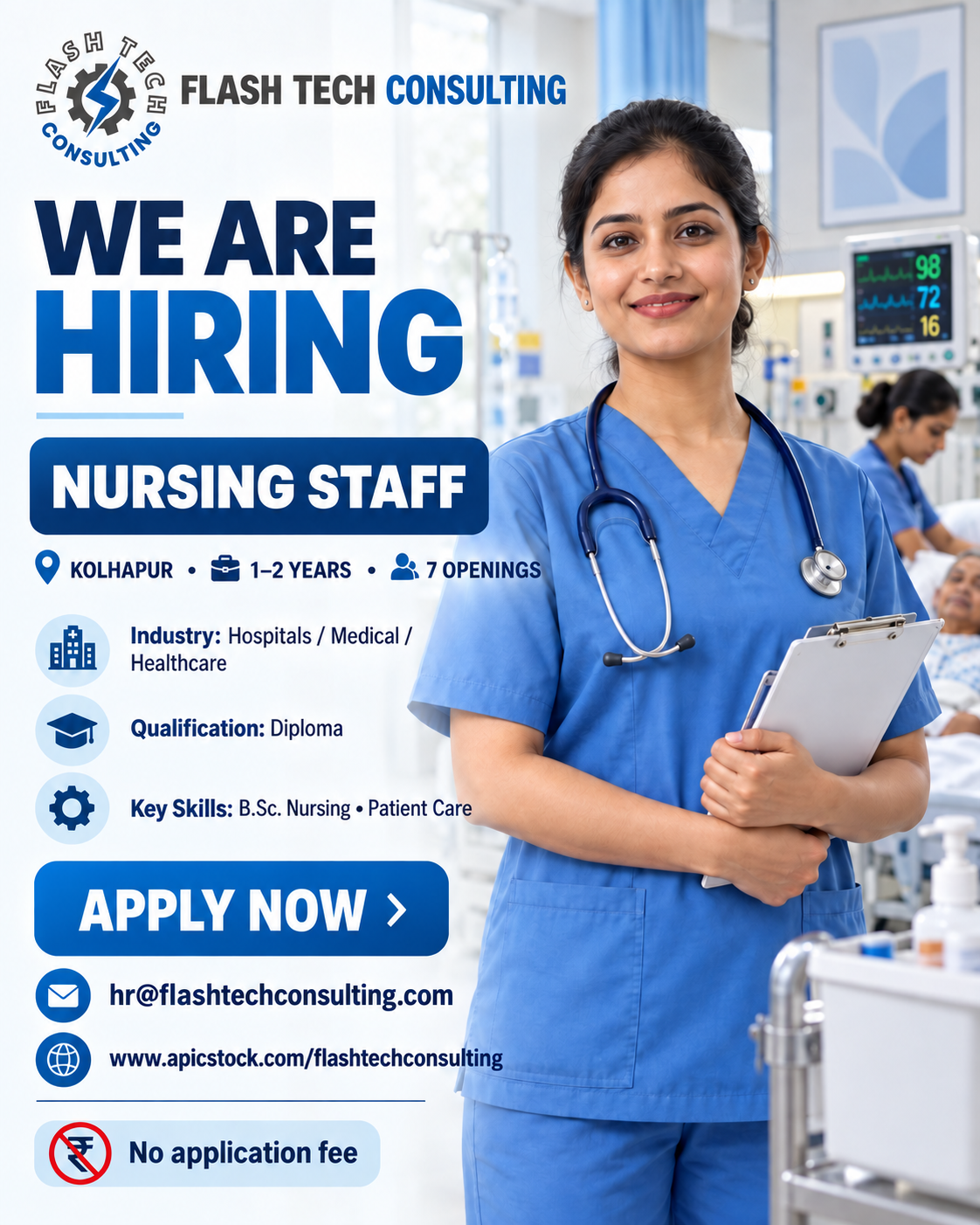 Flash Tech Consulting hiring poster for Nursing Staff in Kolhapur, requiring 1–2 years of experience and a nursing diploma.