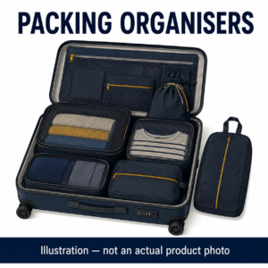 Illustration of packing organisers inside a suitcase; not a photograph of the MOKOBARA product.