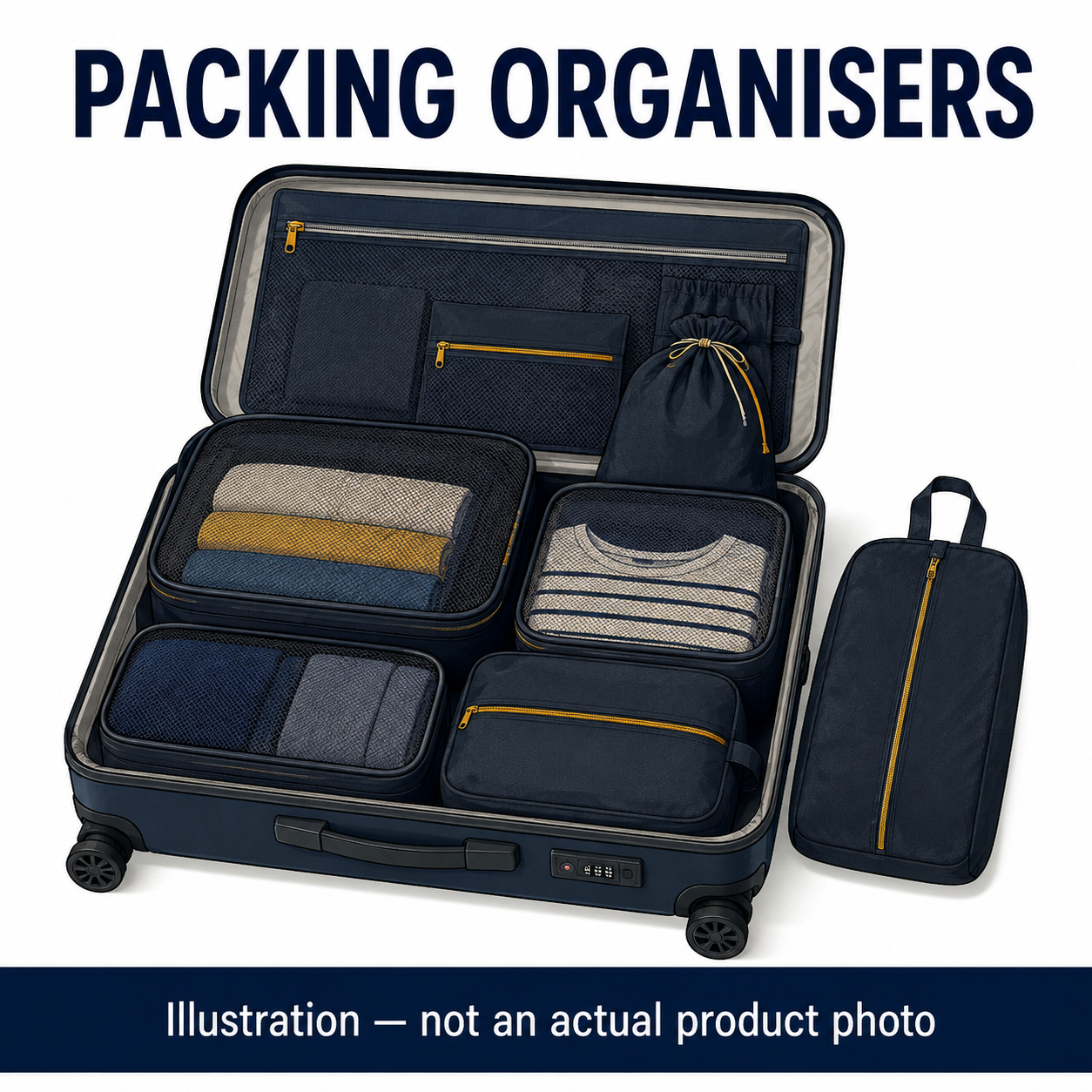 Illustration of packing organisers inside a suitcase; not a photograph of the MOKOBARA product.