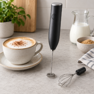 Editorial illustration of a handheld milk frother with two whisk attachments beside coffee; not the exact plenzo product