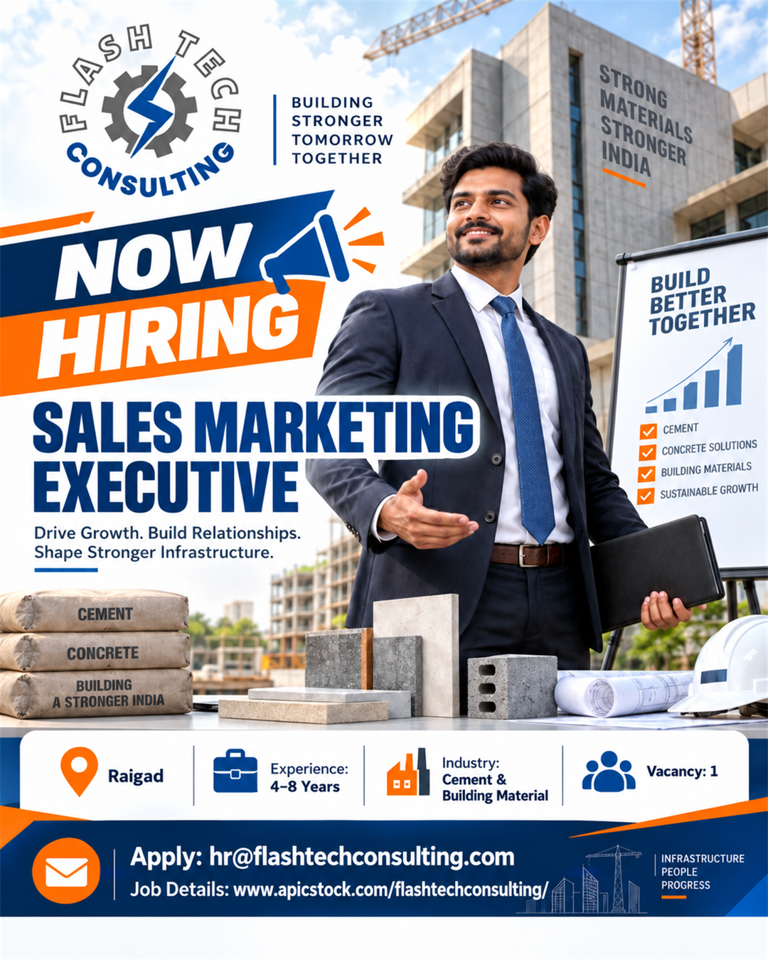 Flash Tech Consulting hiring poster for Sales Marketing Executive in Raigad, requiring 4–8 years of experience in cement and building materials.