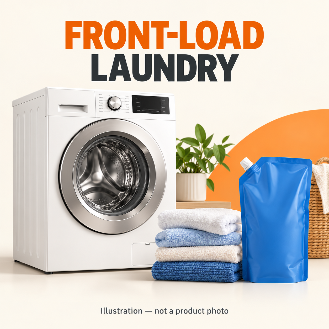 Editorial illustration of a front-load washer, folded towels and unbranded detergent refill; not a product photograph.