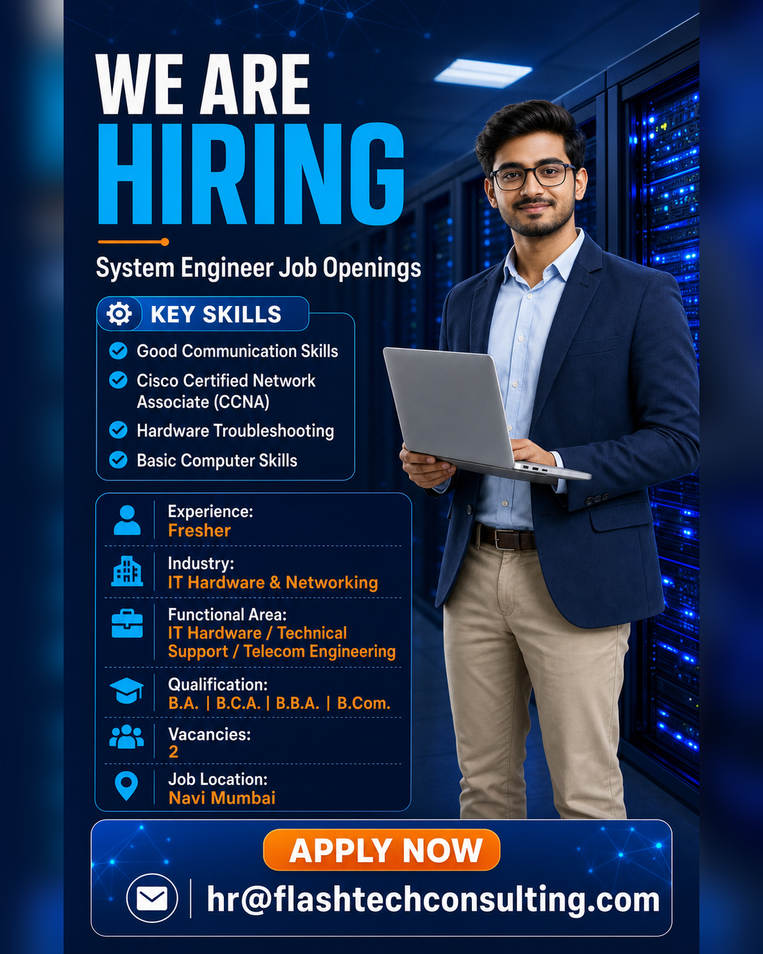 Flash Tech Consulting hiring poster for System Engineer in Navi Mumbai, open to freshers with hardware, networking, and CCNA knowledge.