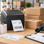 Thermal rolls and shipping labels with printer, parcels, scale and barcode scanner