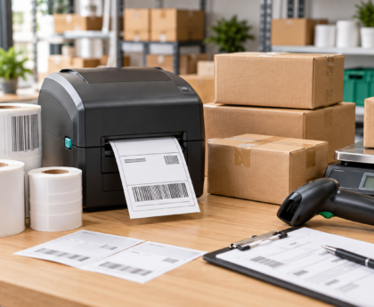 Thermal rolls and shipping labels with printer, parcels, scale and barcode scanner