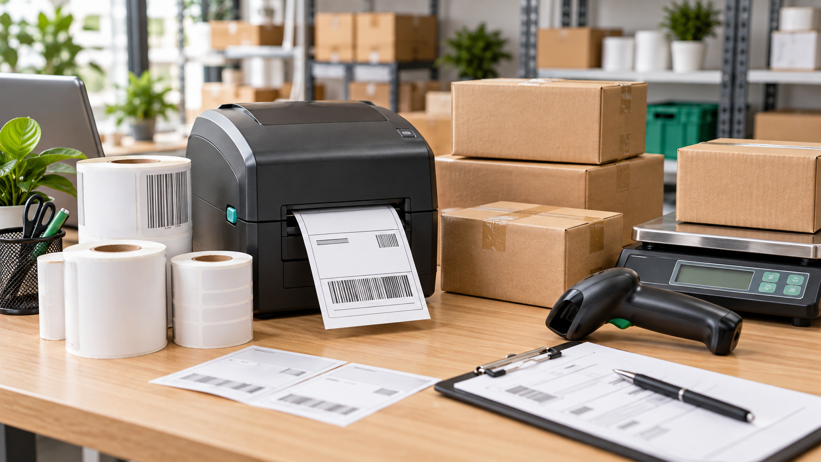 Thermal rolls and shipping labels with printer, parcels, scale and barcode scanner