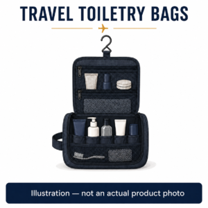 Illustration of a hanging toiletry bag, not an actual MOKOBARA product photograph.