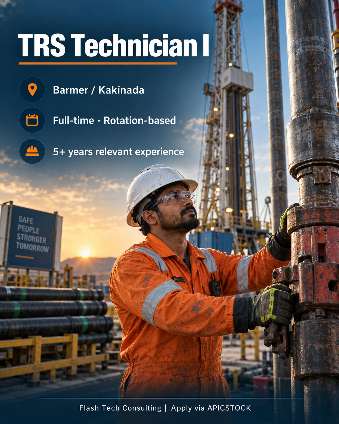 TRS Technician I recruitment poster: oilfield technician at a drilling rig, Barmer or Kakinada, full-time rotational role requiring 5+ years of relevant experience.