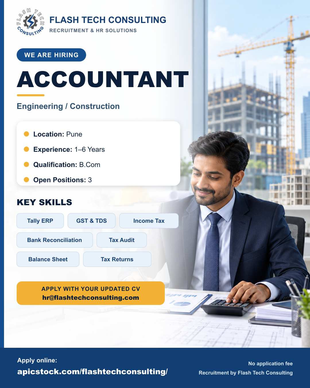 Flash Tech Consulting hiring poster for Accountant in Pune, requiring 1–6 years of experience, B.Com and accounting skills including Tally ERP, GST and TDS.