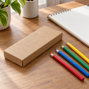 Generic illustration of a closed pencil box with four loose coloured pencils; not actual Camlin packaging or pack contents