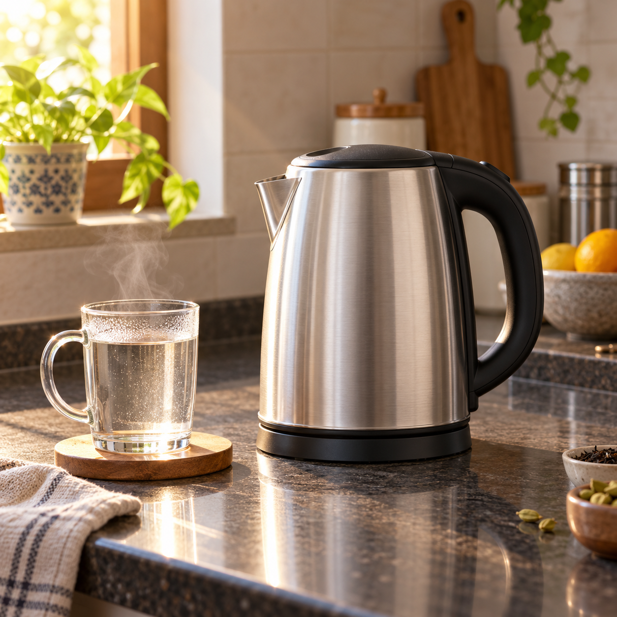 Prestige PKOSS 1.5 L electric kettle buying guide: generic editorial illustration of a stainless-steel water kettle, not the actual product photo