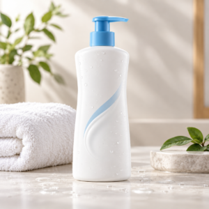 Generic editorial illustration of a body-lotion bottle with a towel; not the actual Vaseline product packaging